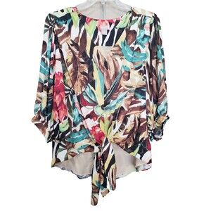 Chico's Tie-Front Tropical Print High-Low Hem Crepe Lined Blouse Size 3 (XL)